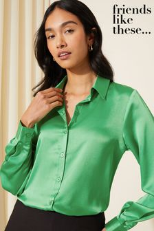 Friends Like These Emerald Green Satin Button Through Shirt (K87634) | HK$350