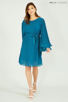 Mela Blue Pleated Dress With Double Fluted Long Sleeves (K88159) | SGD 87