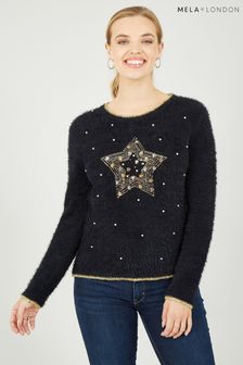 Mela Black Fluffy Star Christmas Jumper (K88167) | kr454