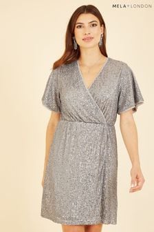 Plateado - Vestido cruzado con manga tipo kimono de lentejuelas de Mela (K88181) | 64 €