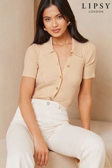Lipsy Cream Knitted Short Sleeve Contour Collar Shirt (K88276) | HK$306