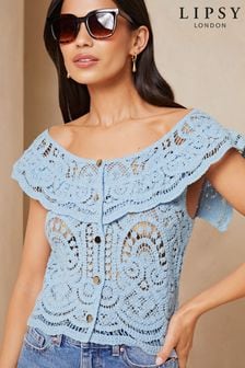 Lipsy Blue Ruffle Crochet Knitted Bardot Top (K88322) | ₪ 127