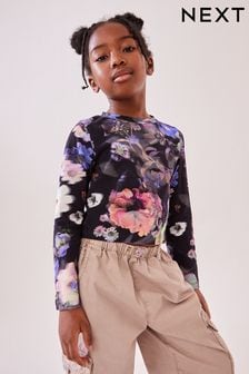 Black Floral Long Sleeve Boxy Cropped T-Shirt (3-16yrs) (K88367) | $10 - $15