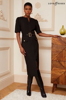 Love & Roses Black Petite Tailored Belted V Neck Short Sleeve Midi Dress (K88449) | €77