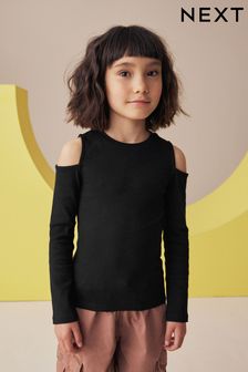 Black Long Sleeve Cold Shoulder Rib T-Shirt (3-16yrs) (K88468) | kr110 - kr160