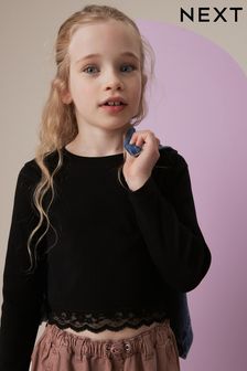 黑色 - Lace Trim Long Sleeve Rib Top (3-16歲) (K88491) | NT$270 - NT$400
