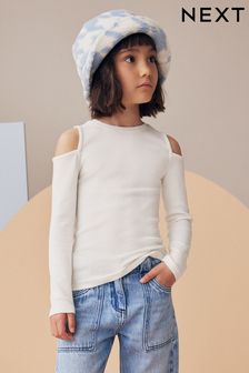 White Long Sleeve Cold Shoulder Rib T-Shirt (3-16yrs) (K88493) | 235 UAH - 353 UAH