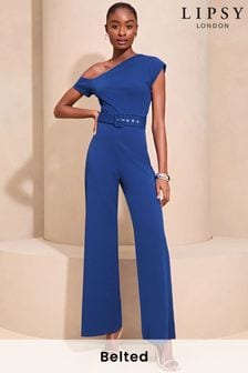 Niebieski - Kombinezon na jedno ramię Lipsy z dekoltem bardot, paskiem i szerokimi nogawkami (K88600) | 405 zł