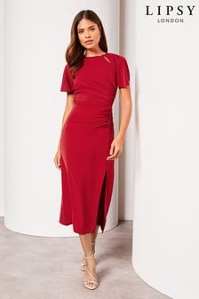 أحمر - فستان متوسط الطول مُجعد بأكمام مثبتة بأزرار من الأمام من Lipsy (K88655) | 30 ر.ع