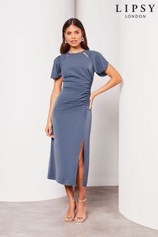 Blue - Lipsy Ruched Button Front Sleeved Midi Dress (K88670) | kr1 120