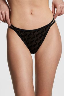Victoria's Secret PINK Pure Black Thong Flocked Mesh Strappy Knickers (K89099) | €12