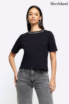 River Island Black Embellished Jeans Grazer T-Shirt (K89557) | $66