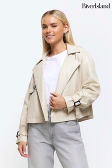 River Island Cream Petite Faux Leather Crop Trench Coat (K89562) | OMR31
