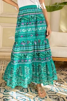 V&A | Love & Roses Green Paisley Petite Printed Tiered Skirt (K90276) | OMR23