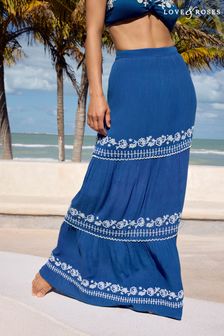 Love & Roses Blue Tiered Embroidered Maxi Skirt (K90278) | 281 SAR