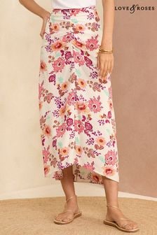 Love & Roses Ivory White Floral Printed Ruched Midi Skirt (K90313) | $60