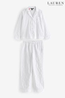 Lauren Ralph Lauren 100% Cotton Shadow Stripe White Pyjamas Set (K90327) | SGD 250