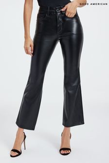 Good American Black Mini Good Legs Crop Boots Luxe Faux Fur Leather Trousers (K90615) | €102