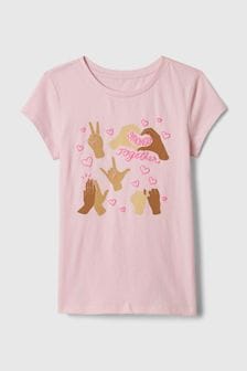 Gap Pink Hand Signs Slogan Graphic Crew Neck Short Sleeve T-Shirt (4-13yrs) (K90631) | 65 zł