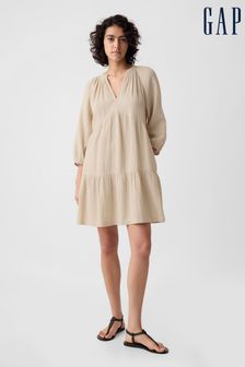 Gap Beige Crinkle Cotton Long Sleeved Tiered Mini Dress (K90648) | €57