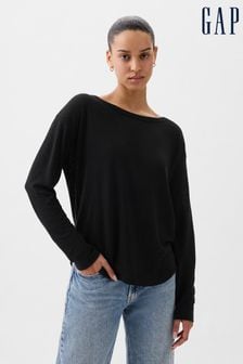 Черный - Льняная футболка с длинными рукавами и вышивкой лодочкой Gap Blend (K90659) | €33