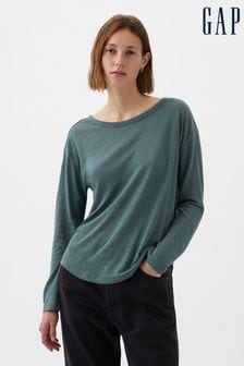 Gap Green Linen Blend Long Sleeve Boatneck T-Shirt (K90663) | €29