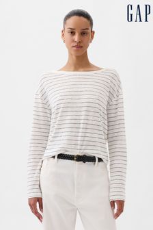 Gap White Stripe Linen Blend Long Sleeve Boatneck T-Shirt (K90677) | LEI 179
