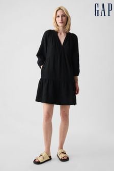 Черный - ярусное хлопковое платье мини с длинными рукавами Gap жатым эффектом (K90678) | €55