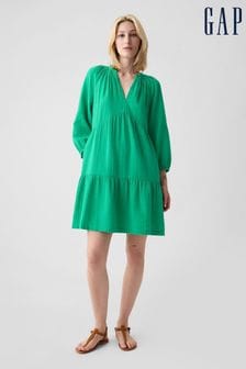 Зеленый - ярусное хлопковое платье мини с длинными рукавами Gap жатым эффектом (K90679) | €55
