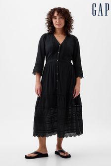 Gap Black Crinkle Cotton Lace 3/4 Sleeve Midi Dress (K90712) | €81