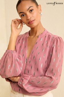 Love & Roses Zip Front Mix Sheer Long Sleeve Blouse