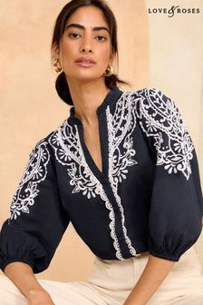 Love & Roses Navy Blue Embroidered V Neck 3/4 Sleeve Blouse (K90806) | AED216
