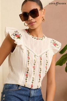 Love & Roses Ivory White Embroidered Flutter Sleeve Shell Top (K90809) | $65