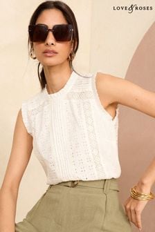 Love & Roses White Pintuck Broderie Shell Top (K90824) | $60