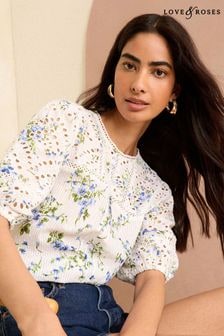 Love & Roses White Floral Broderie Yoke Puff Sleeve Blouse (K90830) | $65