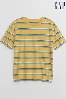 Żółty/Zielony - Gap Stripe Pocket Short Sleeve Crew Neck T-shirt (4-13 lat) (K91426) | 50 zł