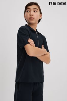 Reiss Navy Felix Junior Textured Cotton Half-Zip Polo Shirt (K92528) | kr510