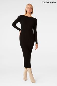 Forever New Black Evie Long Sleeve Rib Knit Dress (K92578) | kr1,168