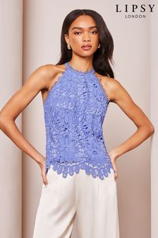 Lipsy Blue Lace Halter Top (K92643) | AED201