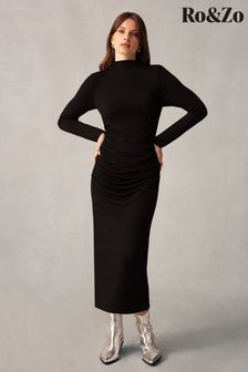 Ro&Zo - Black Rib Jersey Gathered Dress (K92741) | ₪ 498