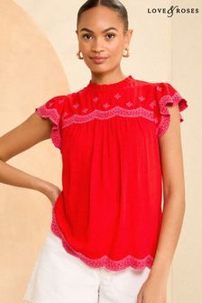 Love & Roses Red and Pink Embroidery Flutter Sleeve Shell Top (K92898) | 49 €