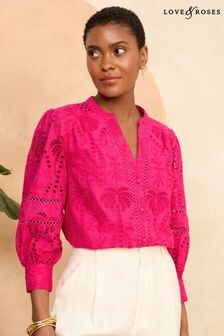 Love & Roses Pink Petite Broderie V Neck Button Through Blouse (K92948) | $67