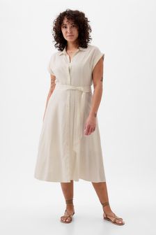 Gap White Linen-Blend Tie Waist Midi Shirt Dress (K93342) | kr649