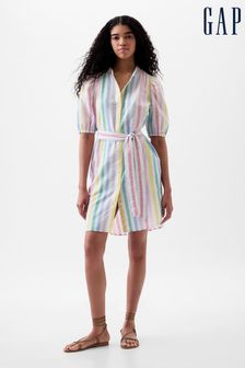 Gap White Rainbow Linen Blend Short Puff Sleeve Mini Shirt Dress (K93349) | €87