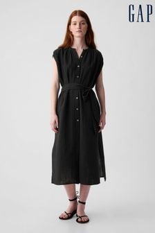 Black - Gap Crinkle Cotton Belted Midi Shirt Dress (K93363) | kr820