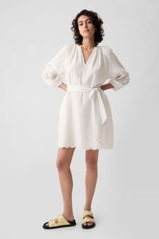 Blanc - Robe courte Gap en coton froissé à manches coudes brodées (K93374) | €65