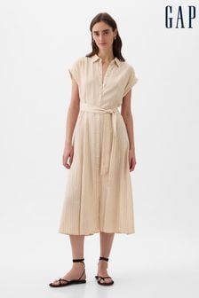 Gap Beige Linen-Blend Tie Waist Midi Shirt Dress (K93378) | €57