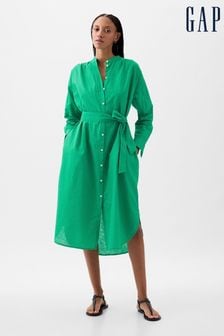 Gap Green Linen Blend Long Sleeve Shirt Dress (K93419) | kr779