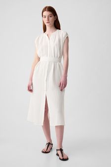 Gap White Crinkle Cotton Belted Midi Shirt Dress (K93433) | €52