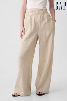 Gap Beige Crinkle Cotton Wide Leg Pull On Trouser (K93452) | €46